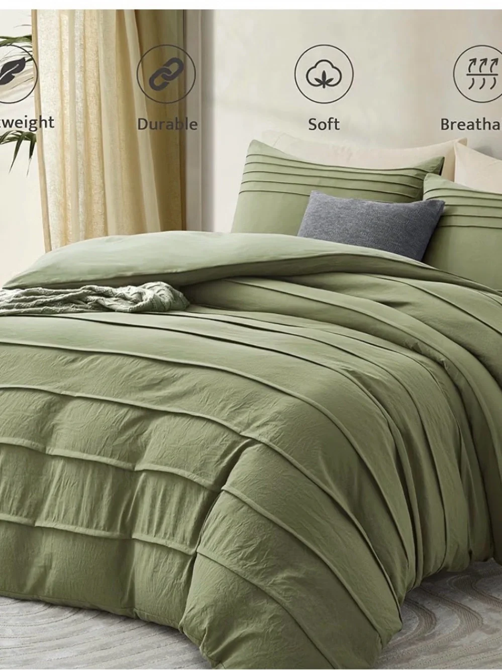 Oli Anderson Sage Green Duvet Cover King Size - Pleated King Duvet Cover, 3PCS S